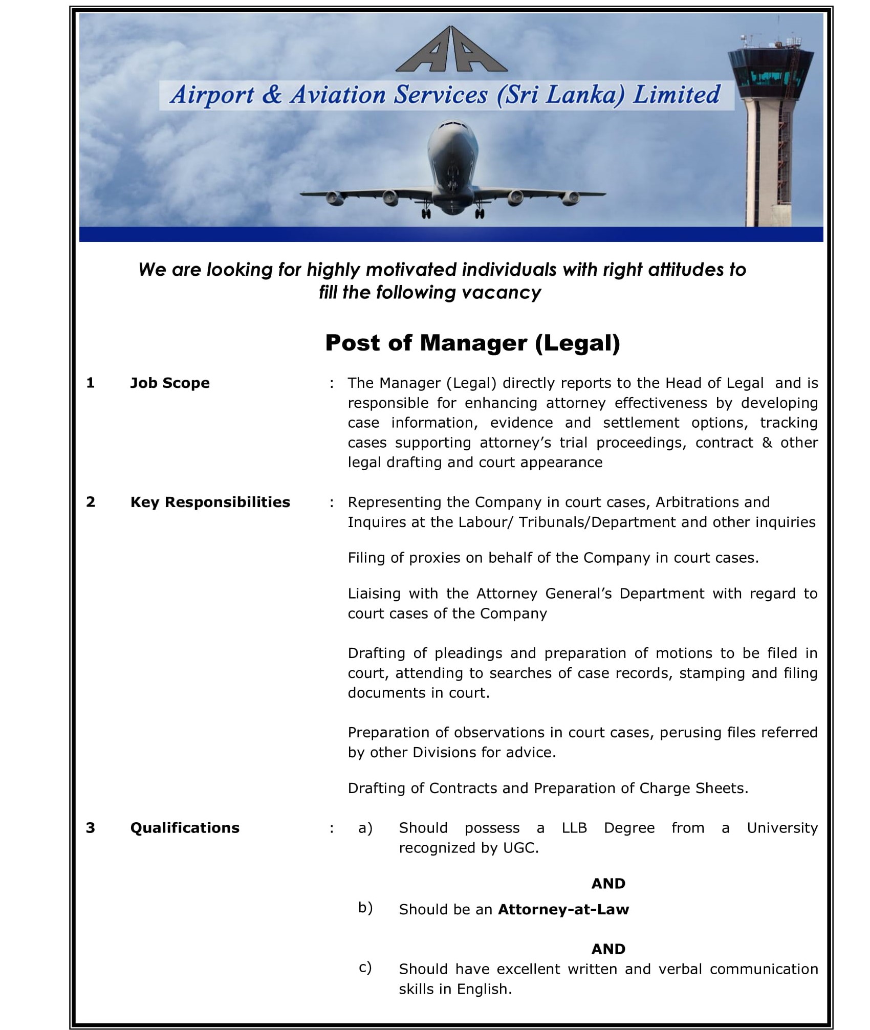 Manager (Legal) - Airport & Aviation Services (Sri Lanka) Limited